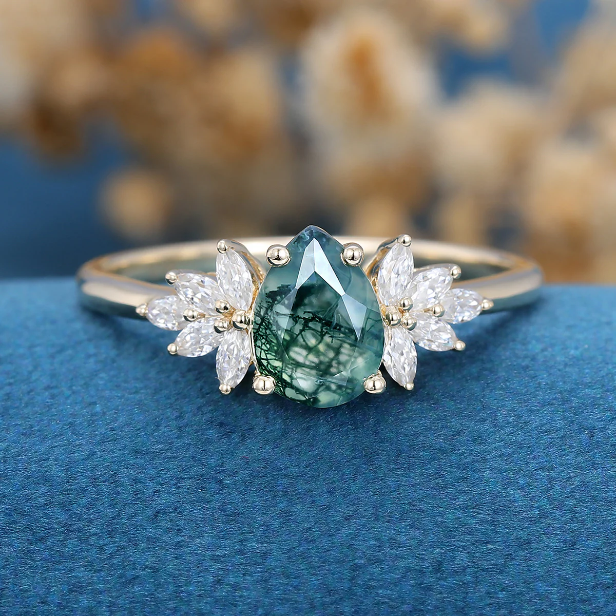 1.2 Carat Moss Agate Natural Green Pear cut Cluster Engagement rings - Image 10