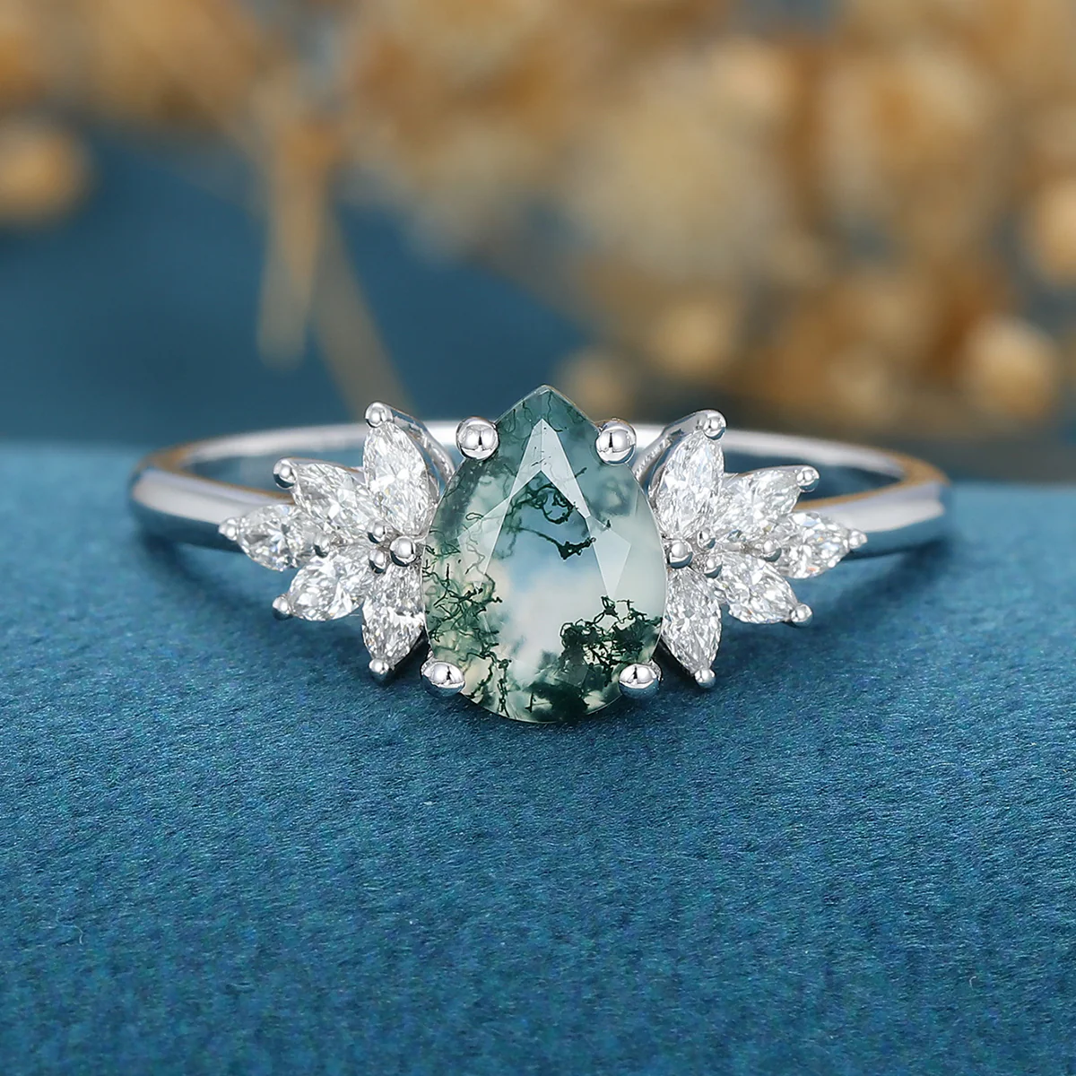 1.2 Carat Moss Agate Natural Green Pear cut Cluster Engagement rings - Image 11