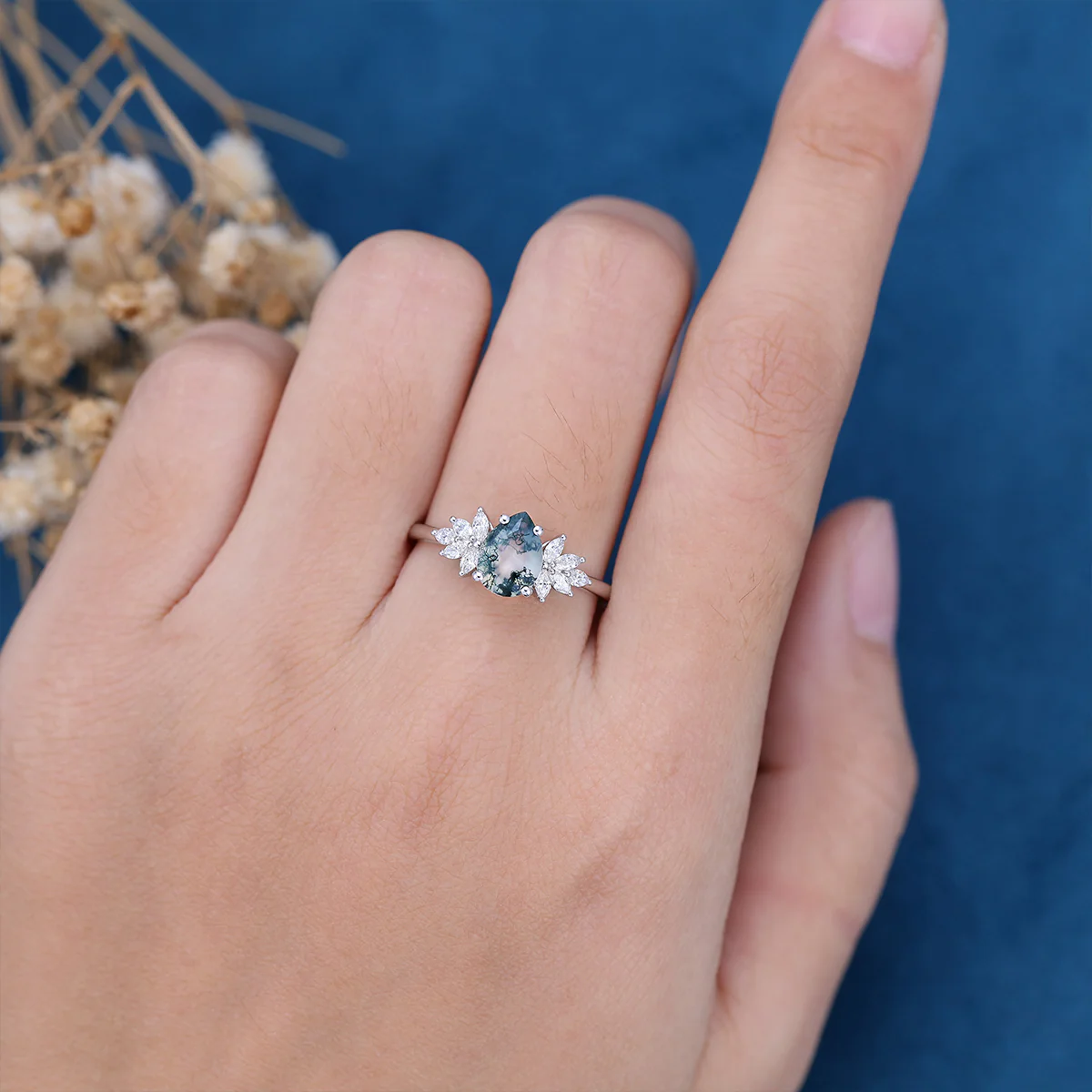 1.2 Carat Moss Agate Natural Green Pear cut Cluster Engagement rings - Image 12