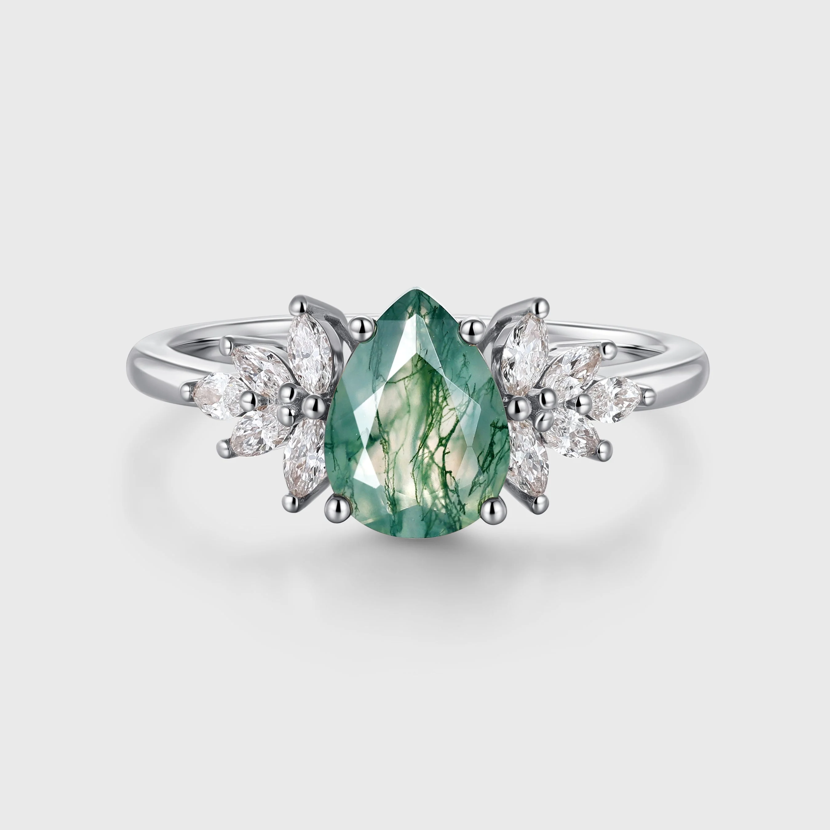 1.2 Carat Moss Agate Natural Green Pear cut Cluster Engagement rings - Image 4