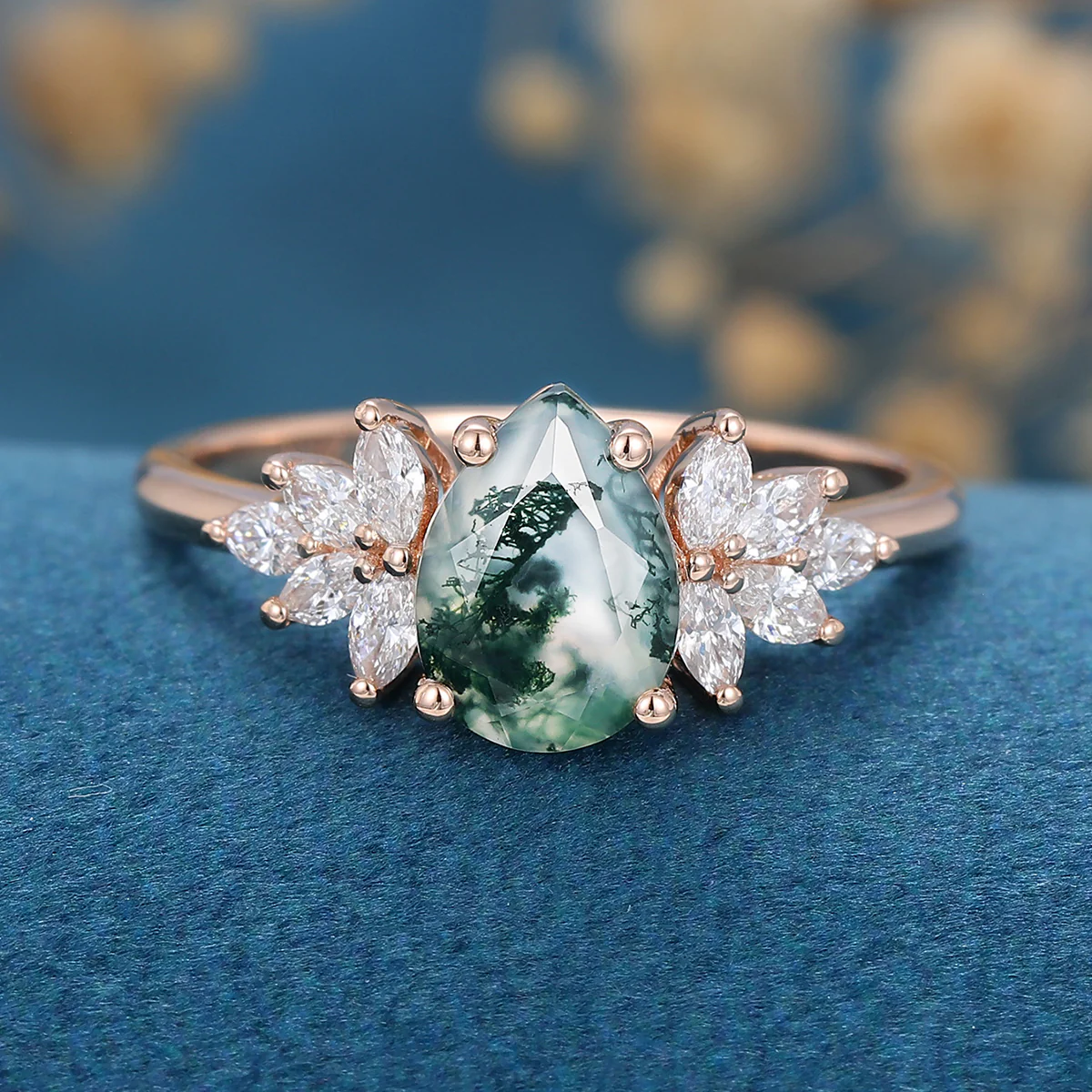 1.2 Carat Moss Agate Natural Green Pear cut Cluster Engagement rings - Image 6