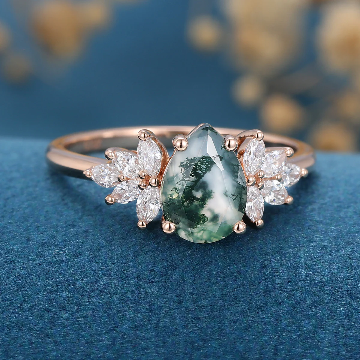 1.2 Carat Moss Agate Natural Green Pear cut Cluster Engagement rings - Image 7