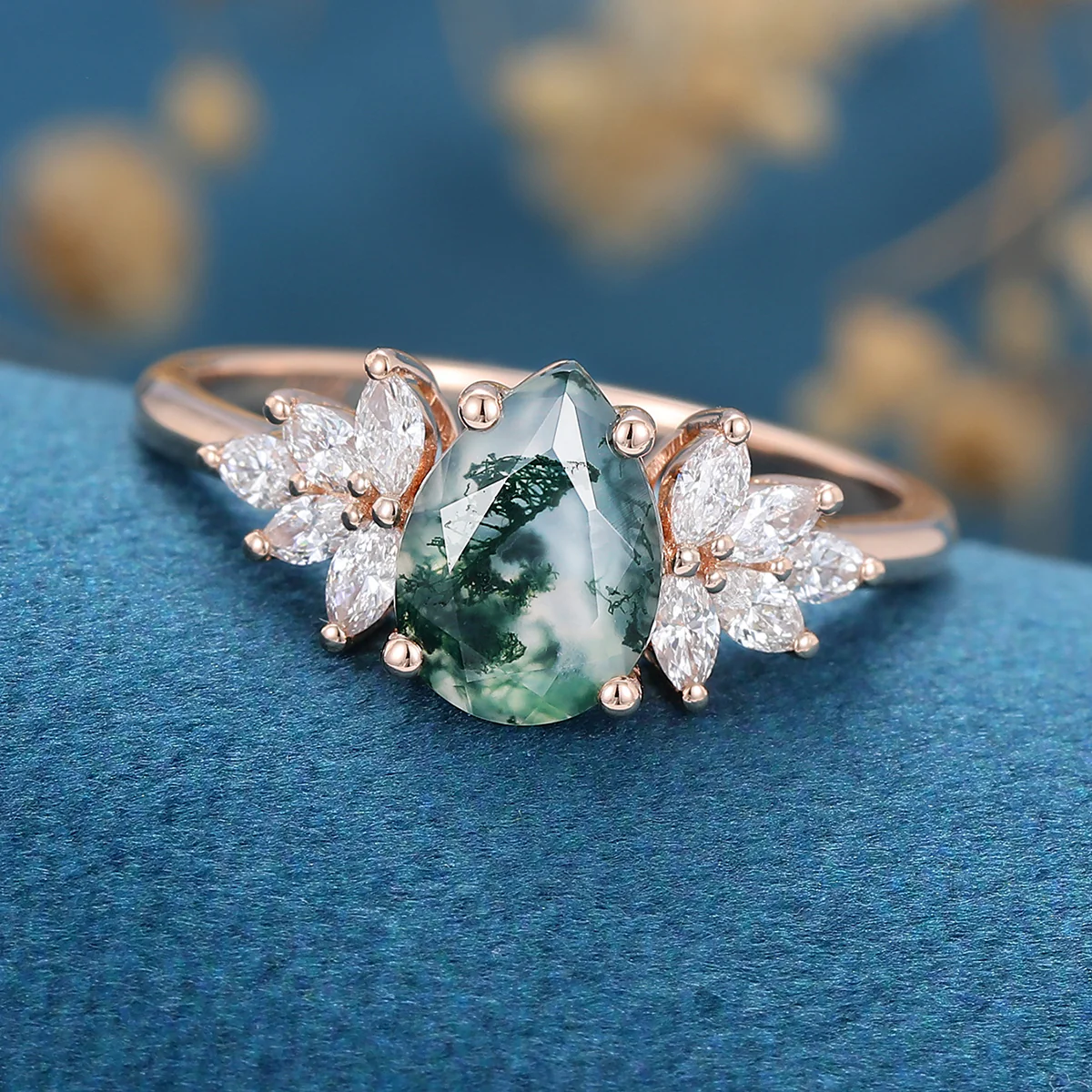 1.2 Carat Moss Agate Natural Green Pear cut Cluster Engagement rings - Image 8