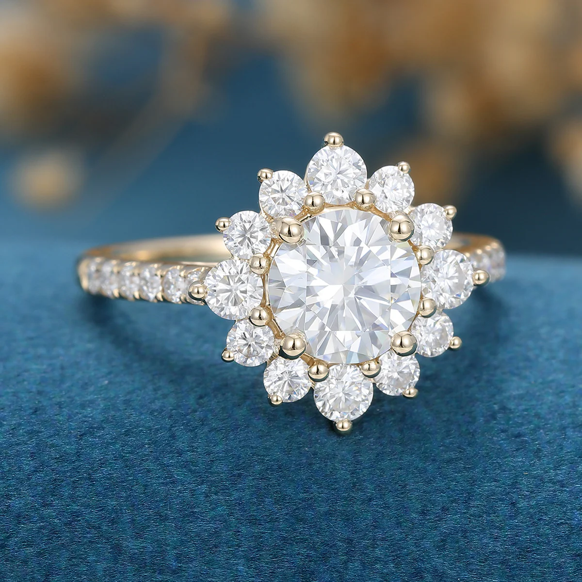 Round Moissanite Halo | Flower Half Eternity Engagement ring - Image 3