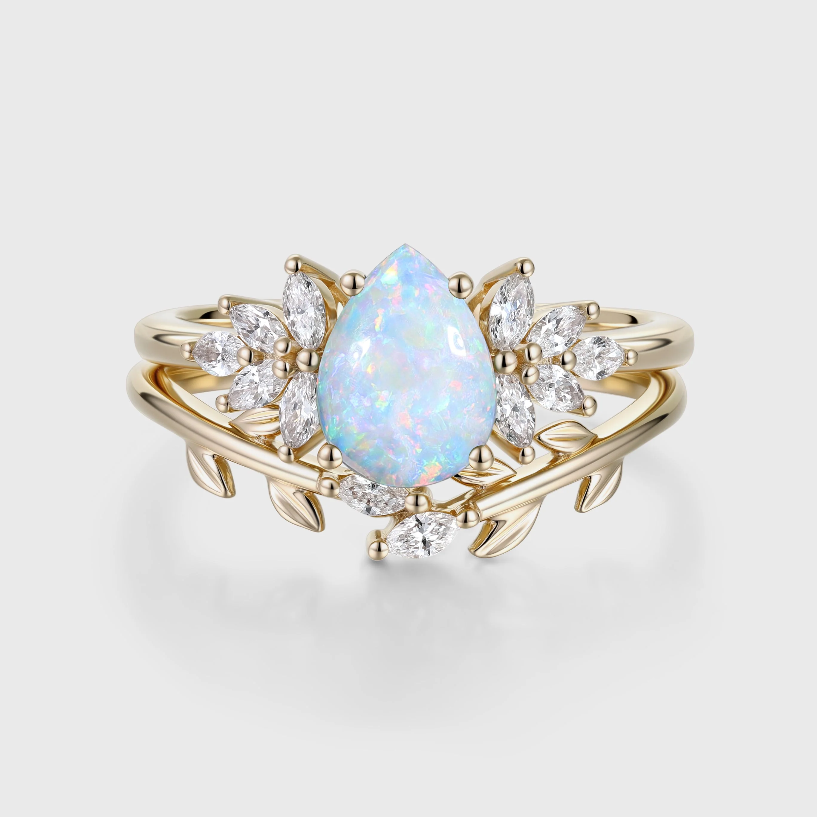 Pear cut Opal Cluster Engagement ring Bridal Set - Image 3