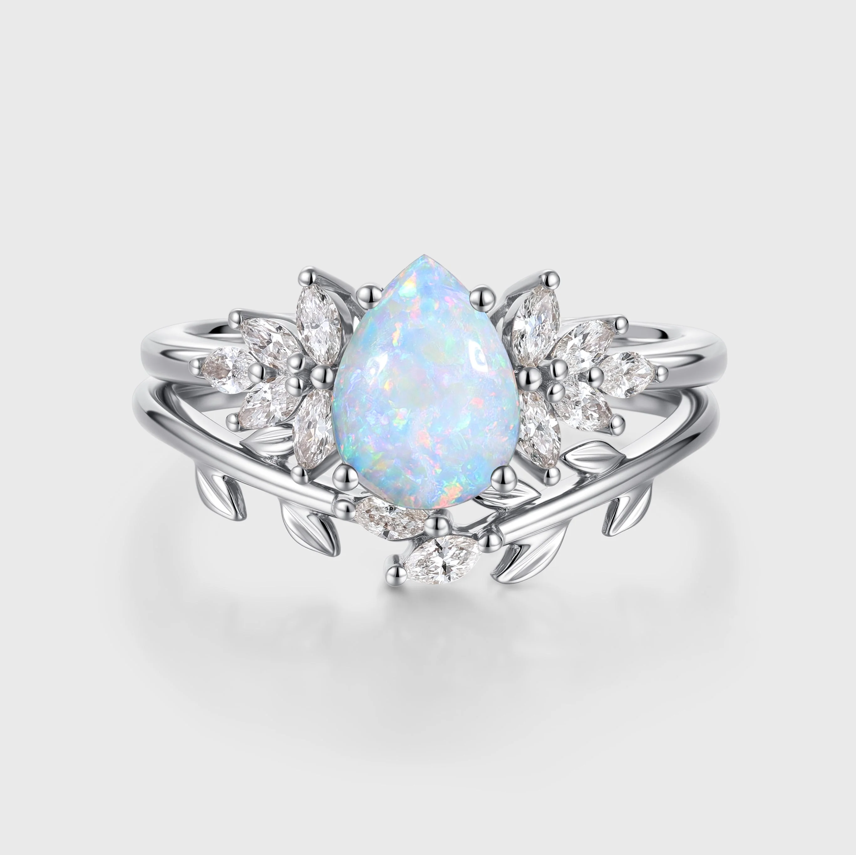 Pear cut Opal Cluster Engagement ring Bridal Set - Image 4
