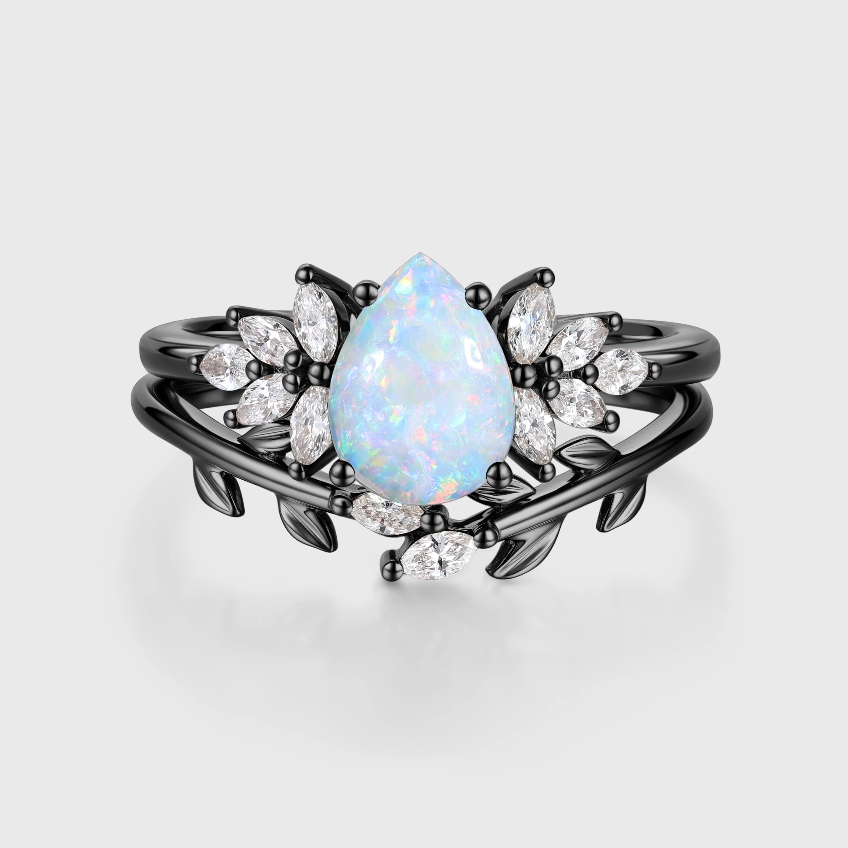 Pear cut Opal Cluster Engagement ring Bridal Set - Image 5