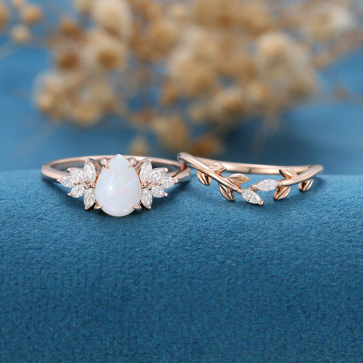 Pear cut Opal Cluster Engagement ring Bridal Set - Image 6
