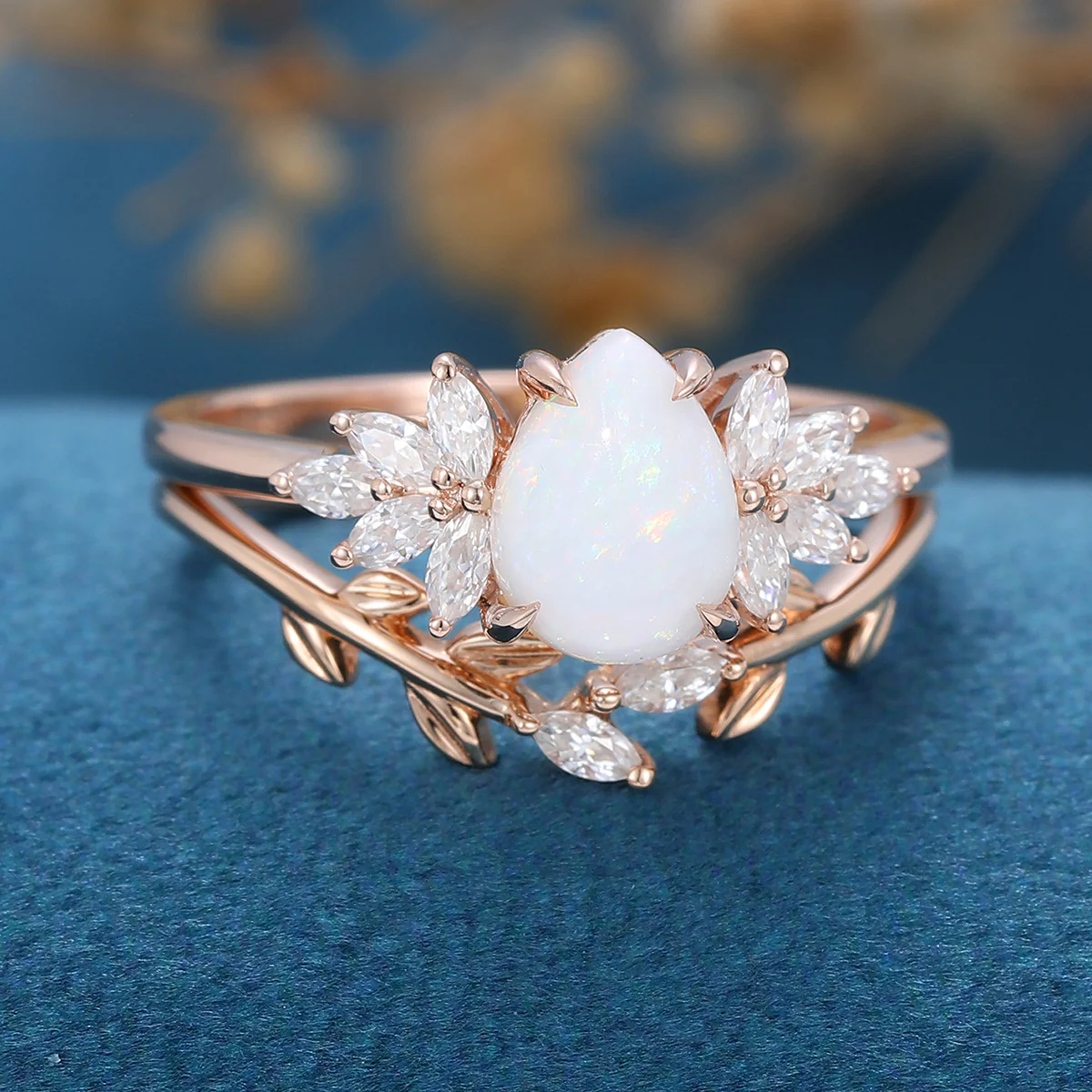 Pear cut Opal Cluster Engagement ring Bridal Set - Image 7
