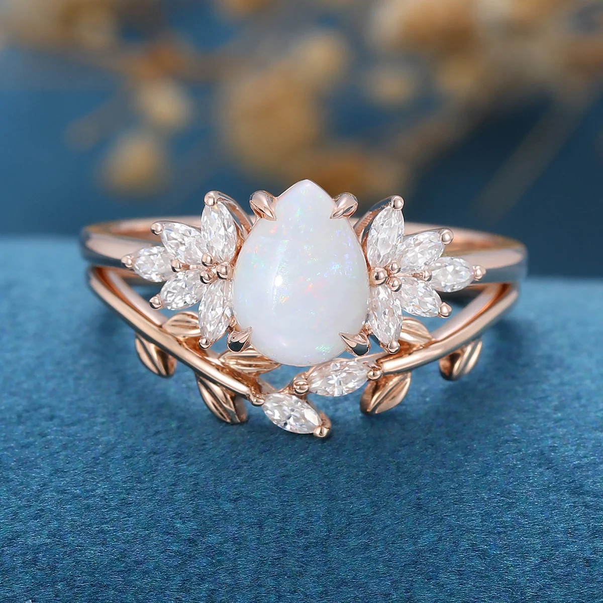 Pear cut Opal Cluster Engagement ring Bridal Set - Image 8