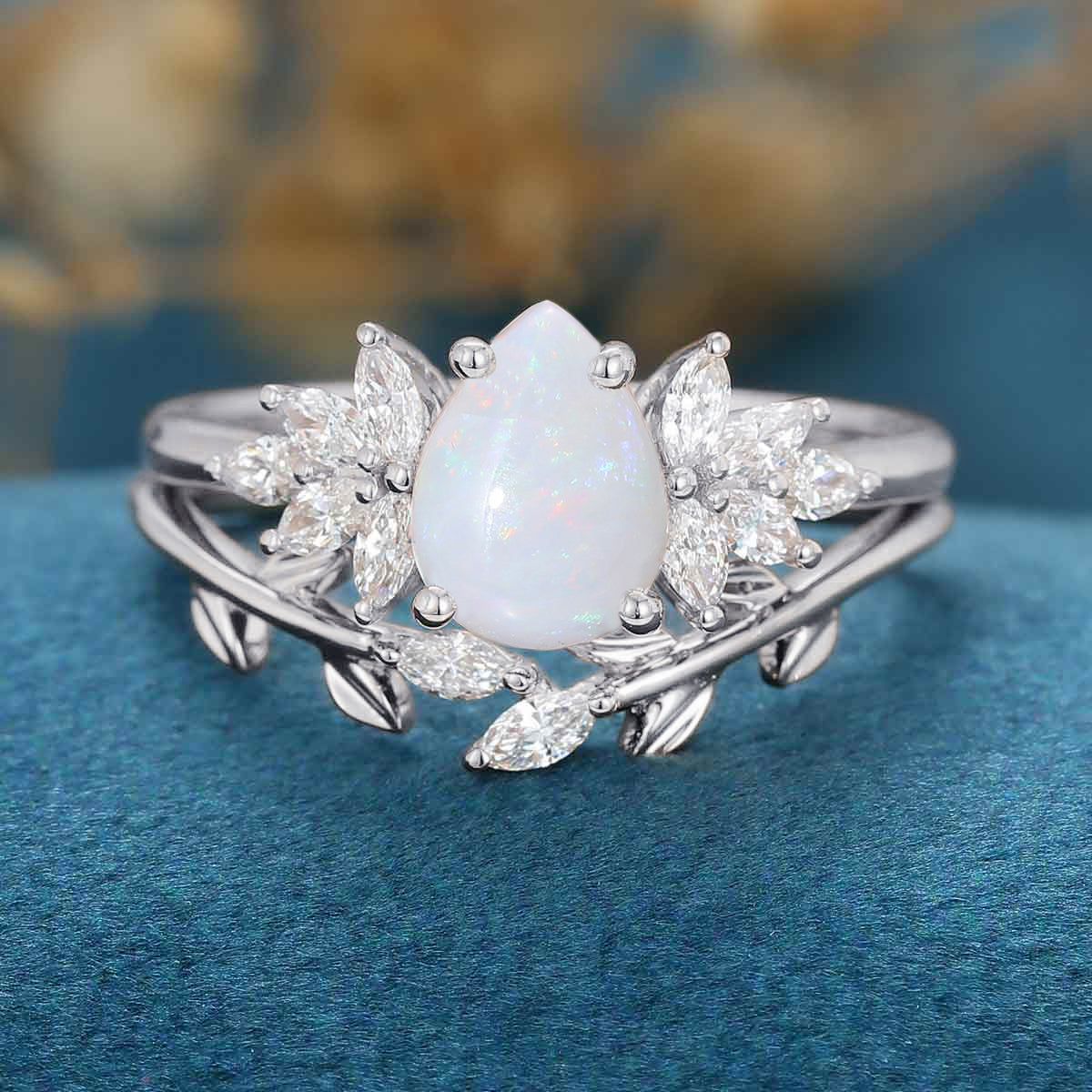 Pear cut Opal Cluster Engagement ring Bridal Set - Image 9