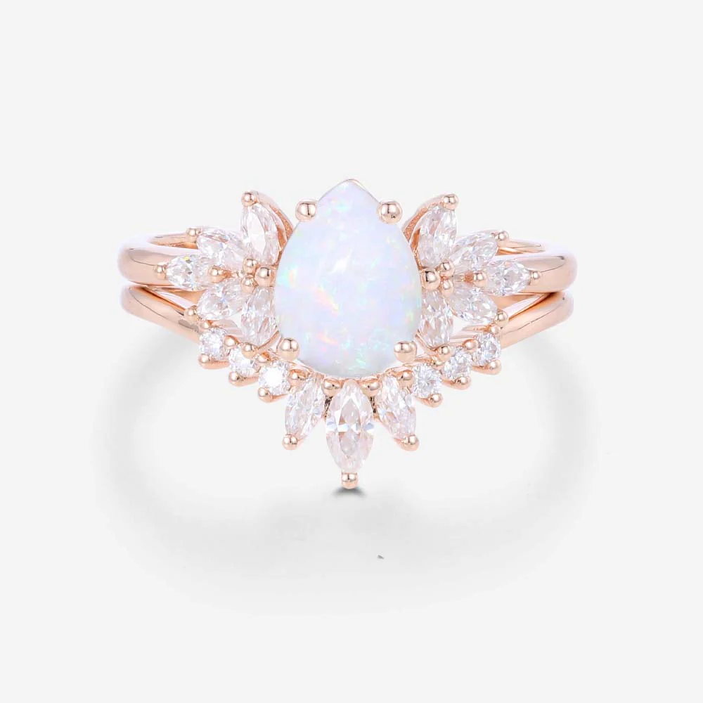 Pear cut Opal Cluster Engagement ring Bridal Set