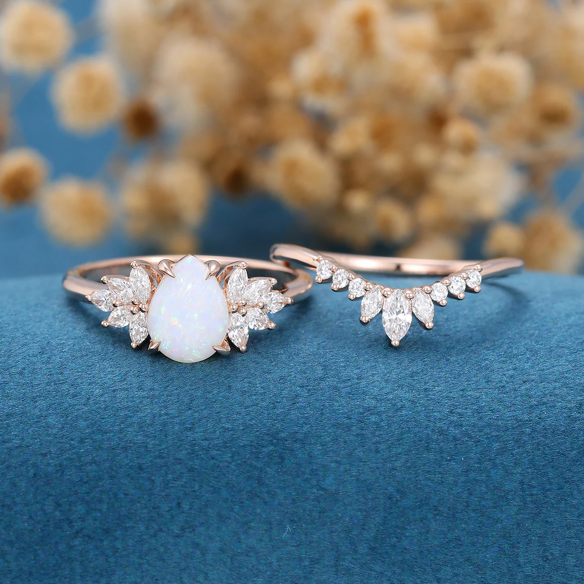 Pear cut Opal Cluster Engagement ring Bridal Set - Image 2