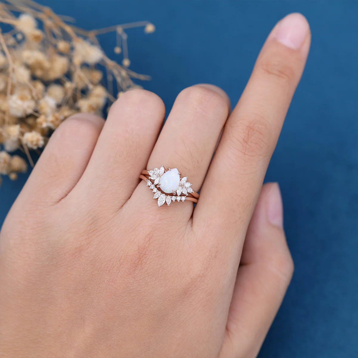 Pear cut Opal Cluster Engagement ring Bridal Set - Image 3