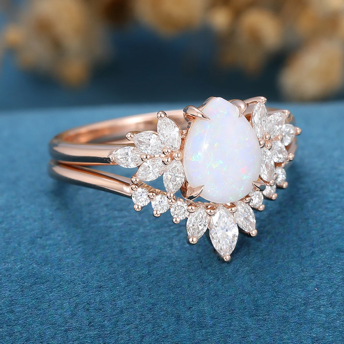 Pear cut Opal Cluster Engagement ring Bridal Set - Image 4
