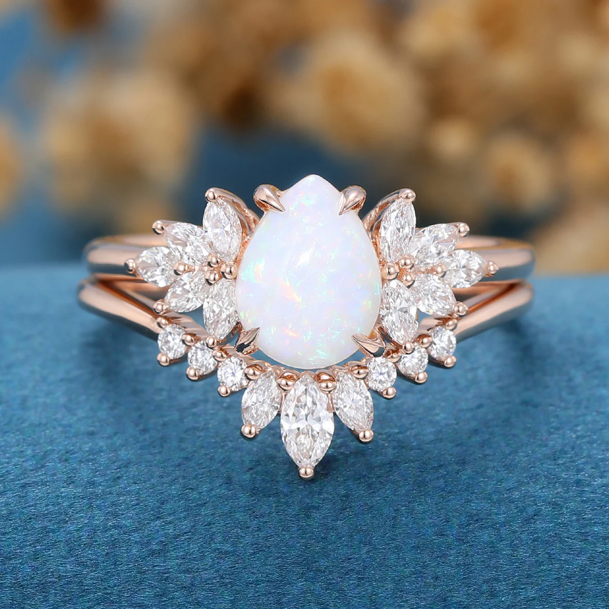 Pear cut Opal Cluster Engagement ring Bridal Set - Image 5