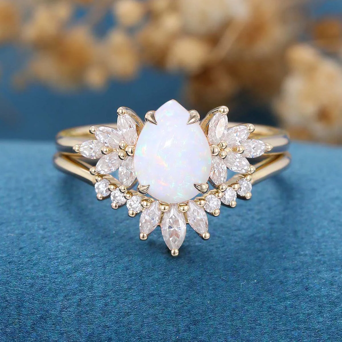 Pear cut Opal Cluster Engagement ring Bridal Set - Image 6