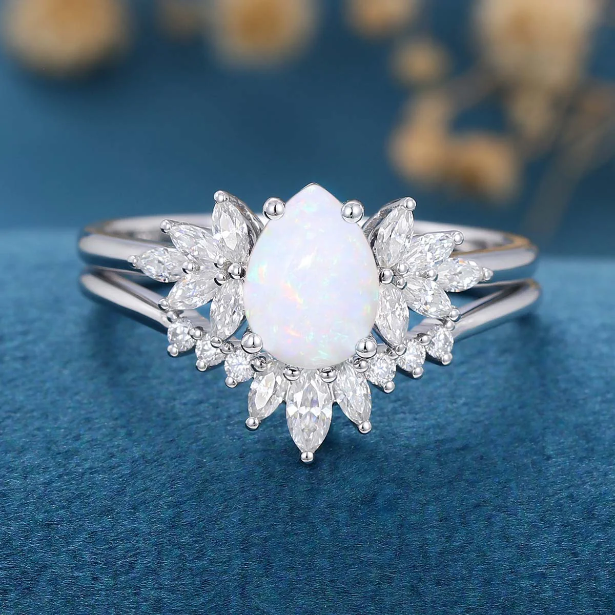 Pear cut Opal Cluster Engagement ring Bridal Set - Image 7