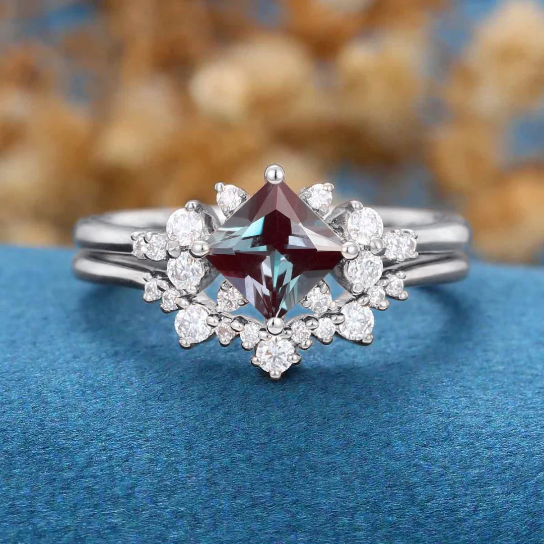 Princess cut Lab Alexandrite | Diamond Engagement Ring Bridal Set - Image 10