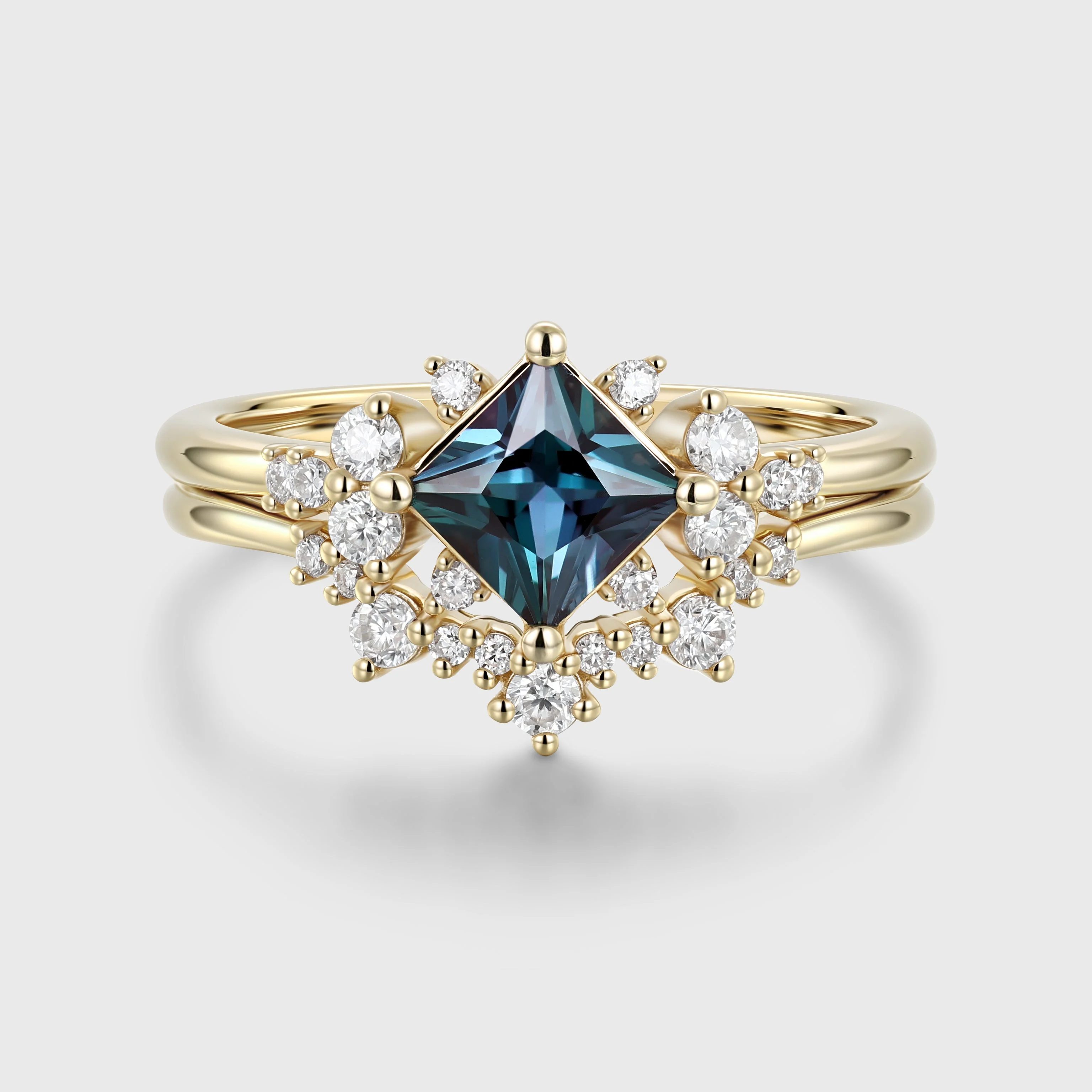 Princess cut Lab Alexandrite | Diamond Engagement Ring Bridal Set - Image 3