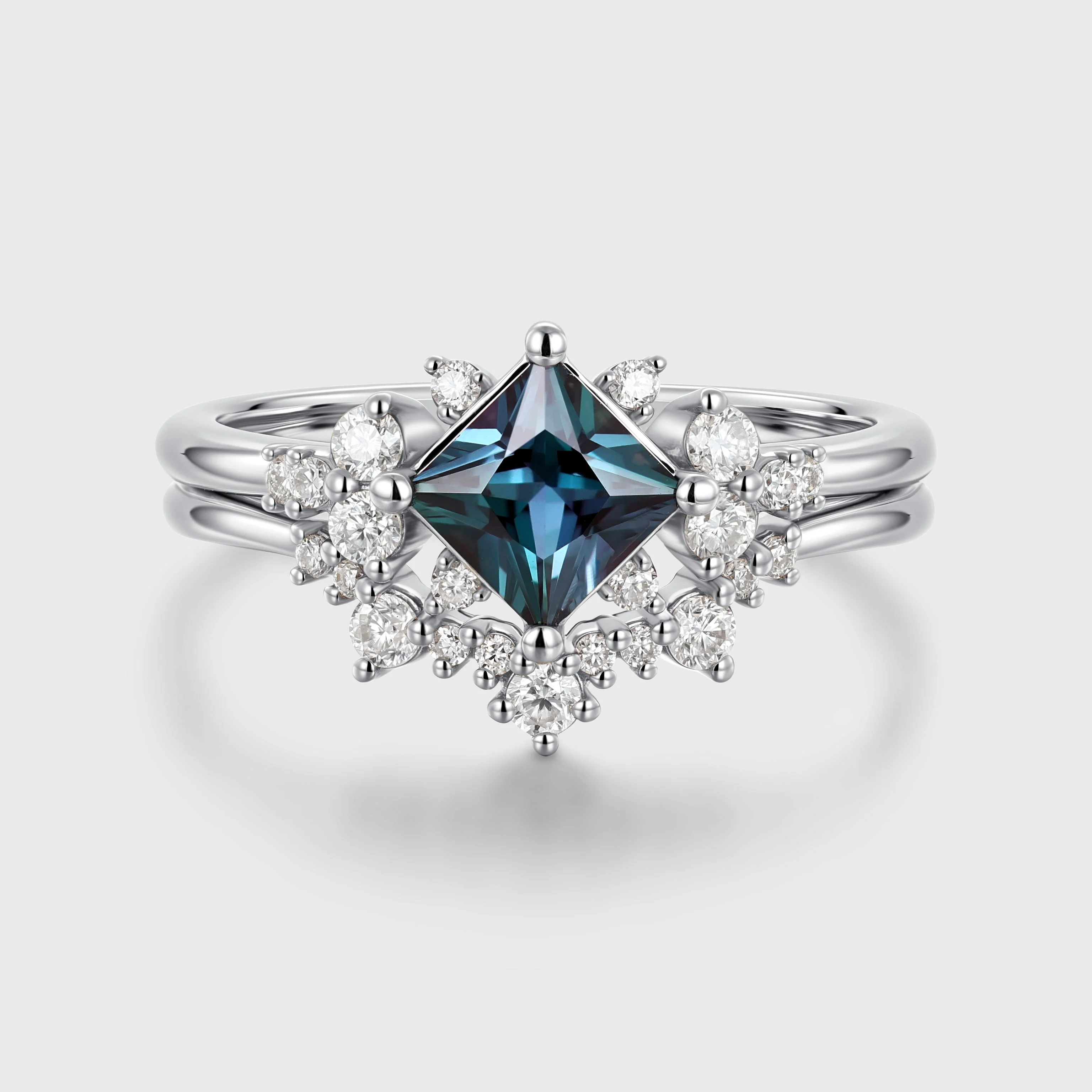 Princess cut Lab Alexandrite | Diamond Engagement Ring Bridal Set - Image 4