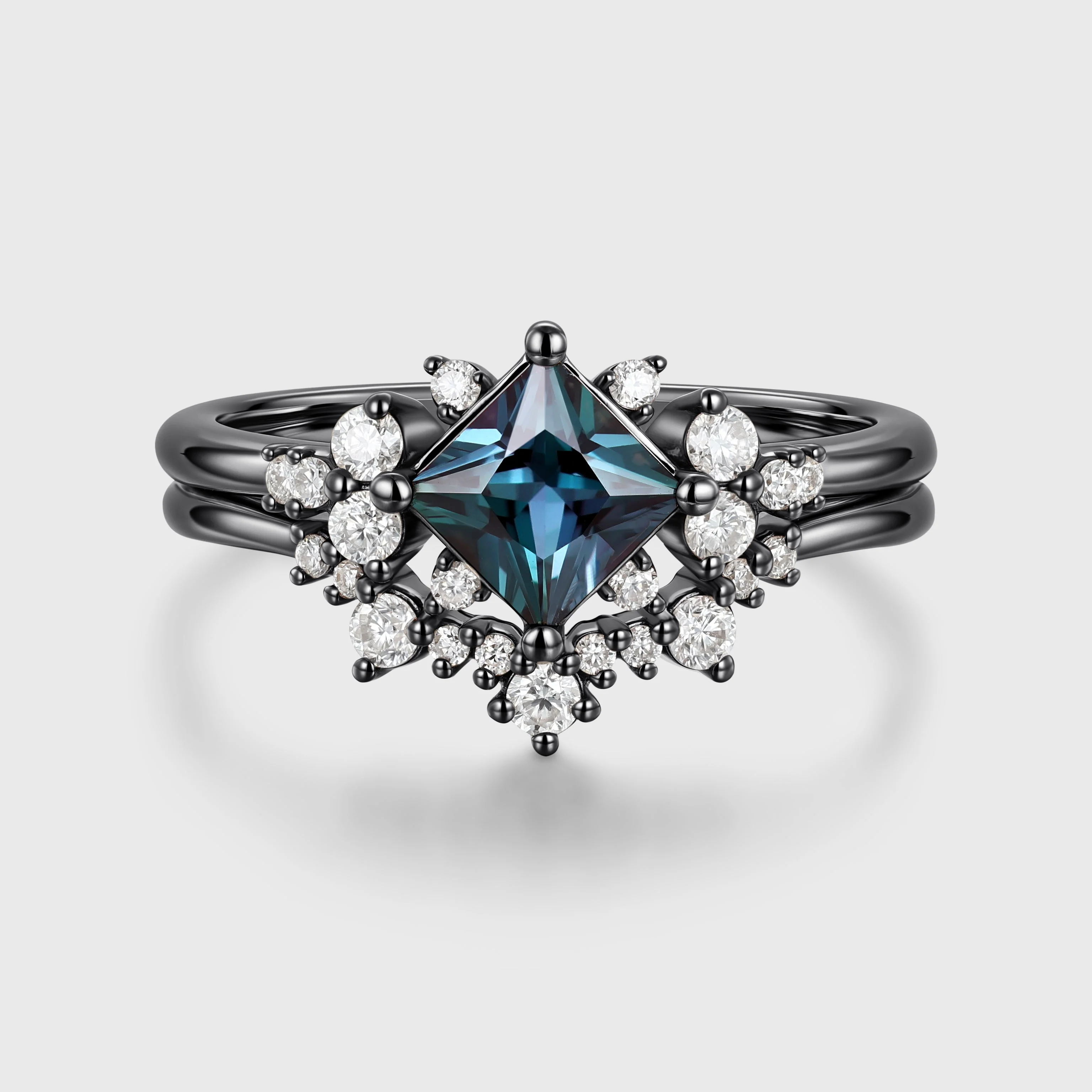 Princess cut Lab Alexandrite | Diamond Engagement Ring Bridal Set - Image 5