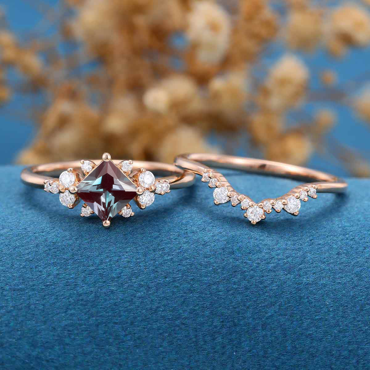 Princess cut Lab Alexandrite | Diamond Engagement Ring Bridal Set - Image 6
