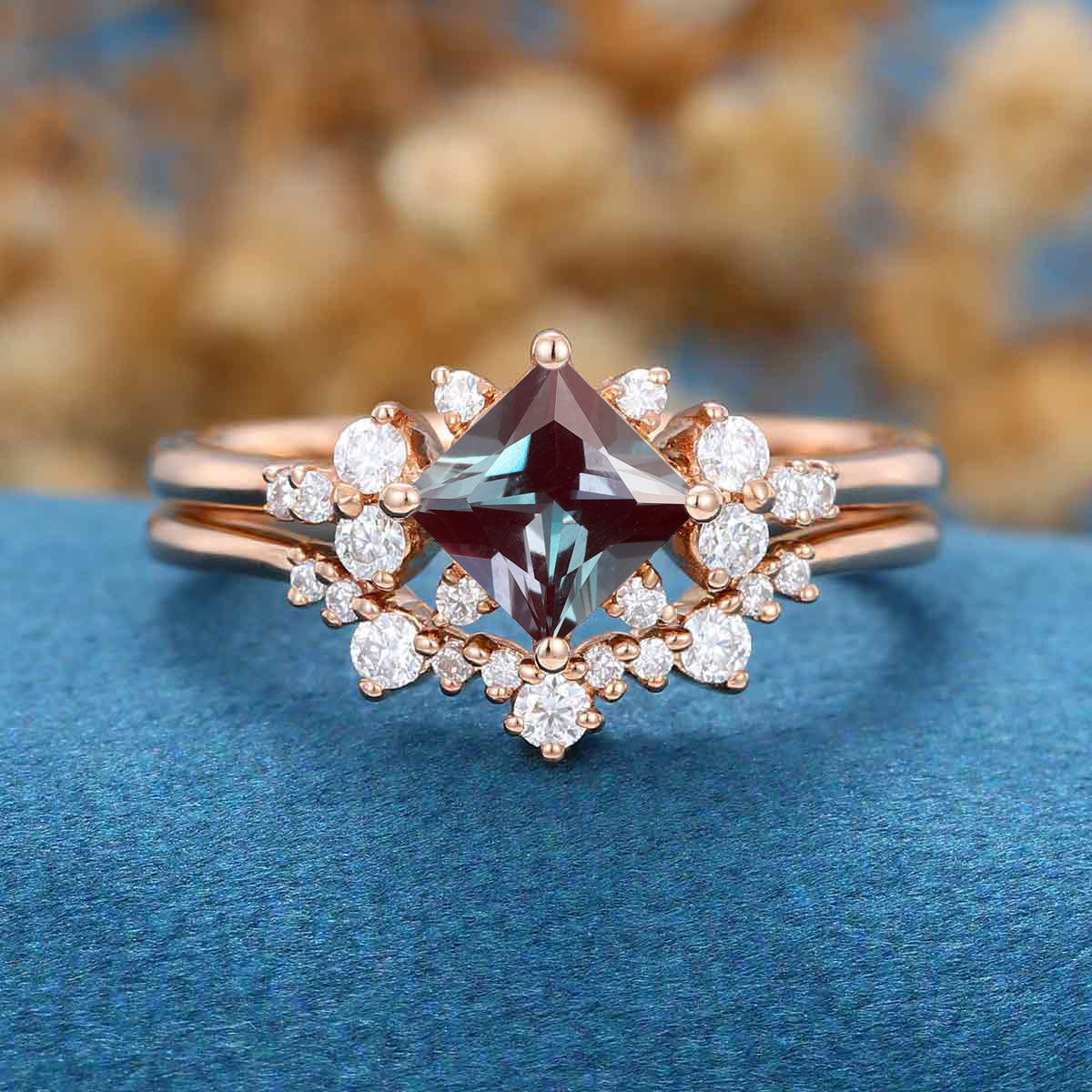 Princess cut Lab Alexandrite | Diamond Engagement Ring Bridal Set - Image 7