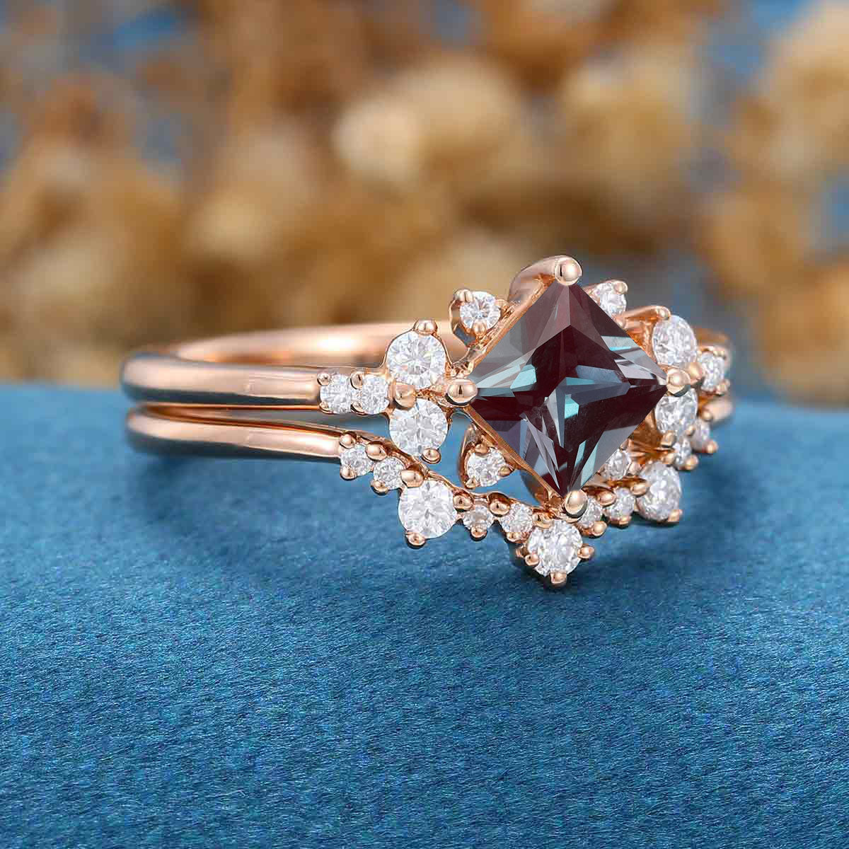 Princess cut Lab Alexandrite | Diamond Engagement Ring Bridal Set - Image 8