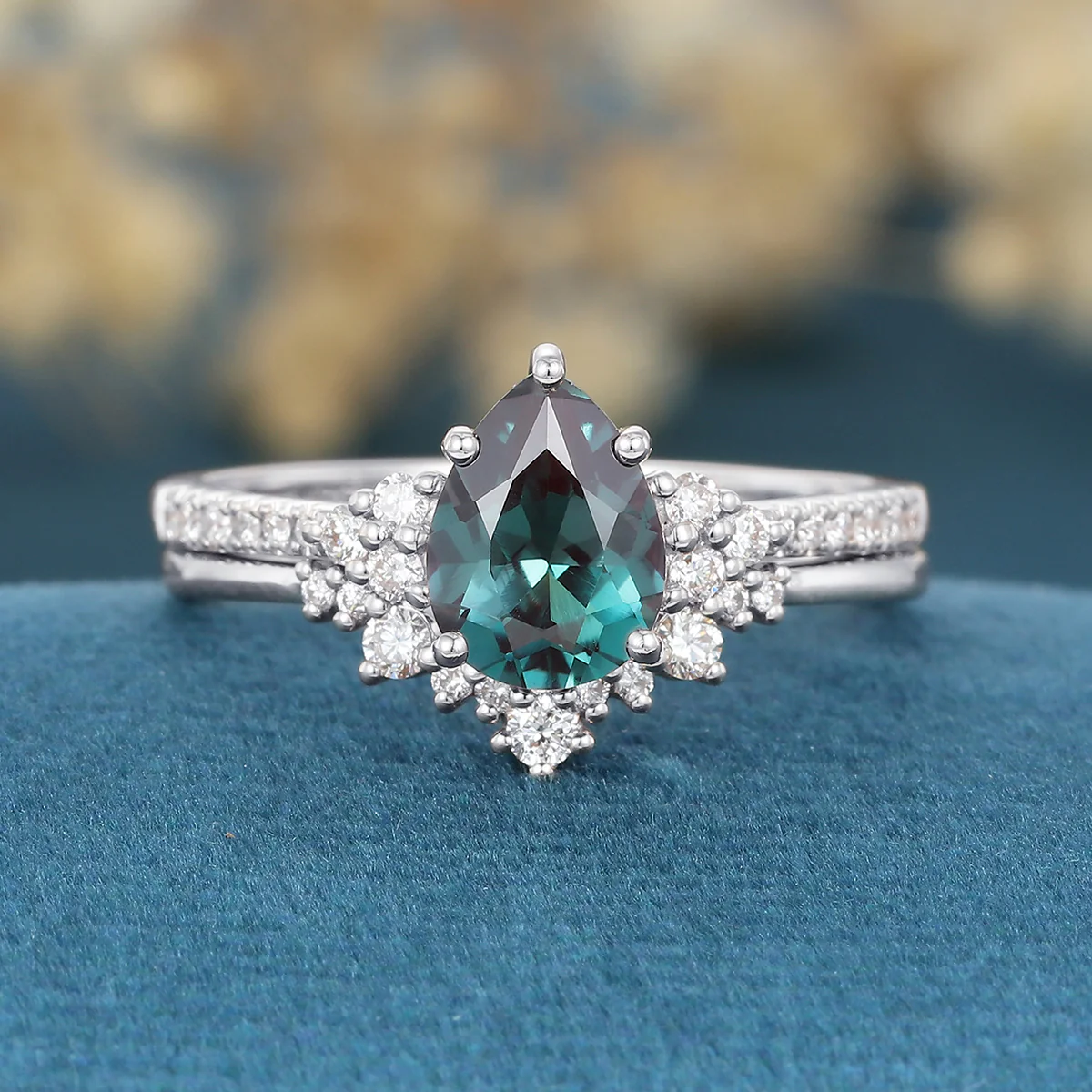 Pear Cut Lab Alexandrite Matching Moissanite | Diamonds Gold Bridal Set - Image 7