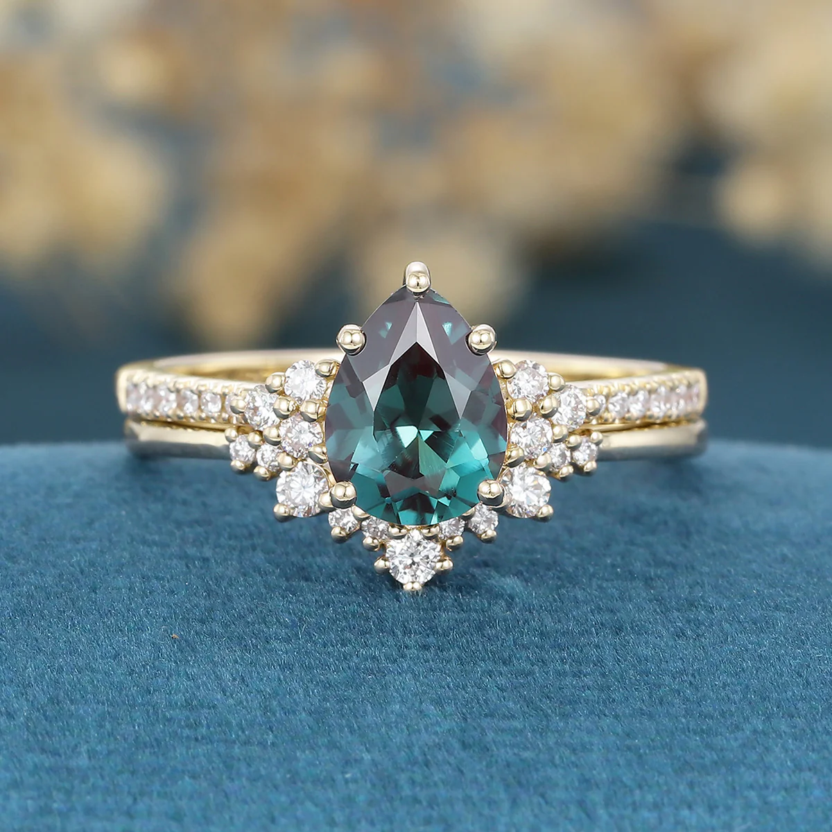 Pear Cut Lab Alexandrite Matching Moissanite | Diamonds Gold Bridal Set - Image 8