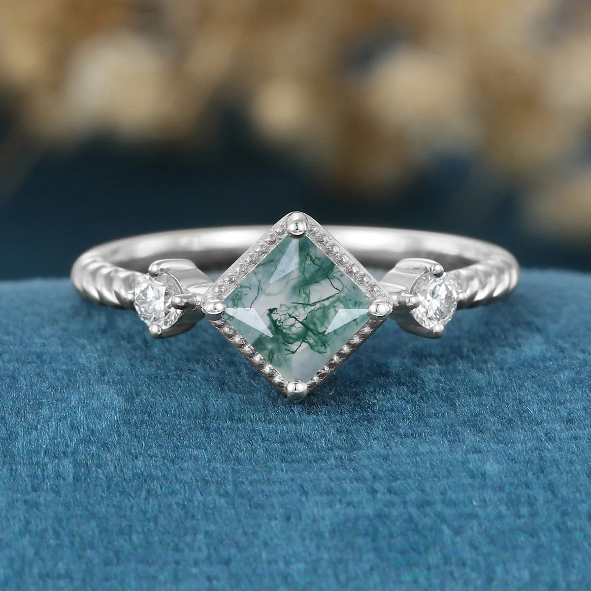 Bezel setting Princess cut Moss Agate Matching Moissanite | Diamonds Gold Engagement Ring - Image 7