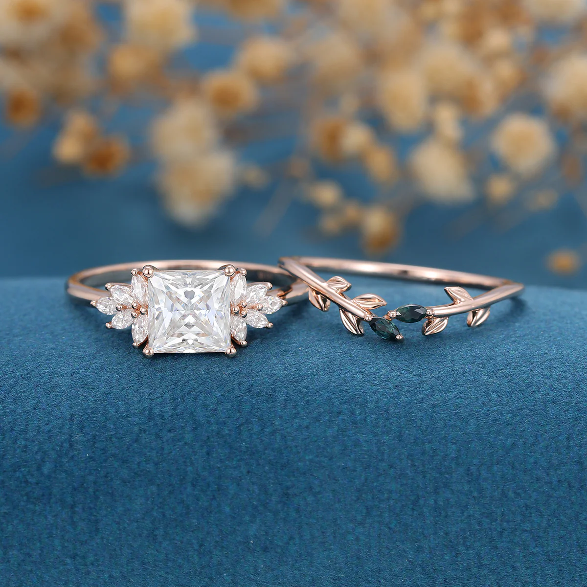 2 Carat Princess cut Moissanite cluster Engagement Ring Bridal Set - Image 3