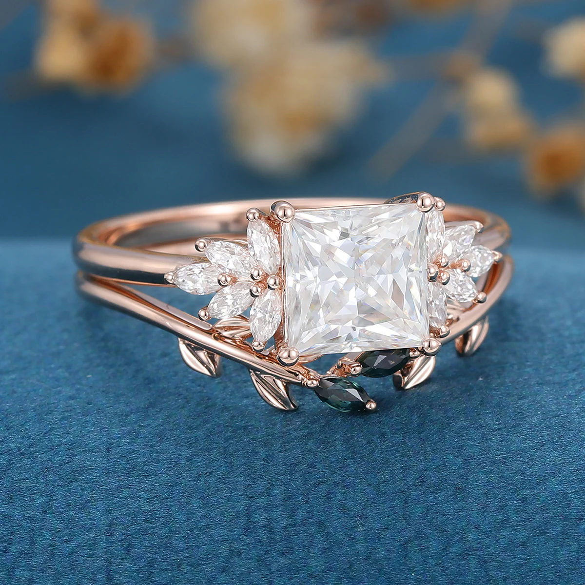 2 Carat Princess cut Moissanite cluster Engagement Ring Bridal Set - Image 4
