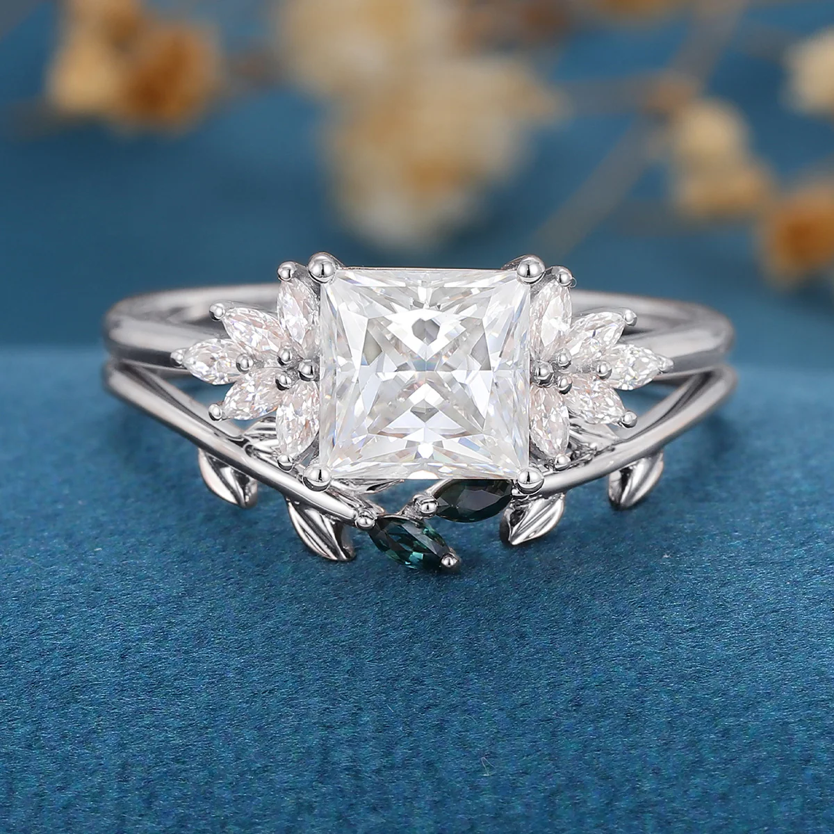 2 Carat Princess cut Moissanite cluster Engagement Ring Bridal Set - Image 6