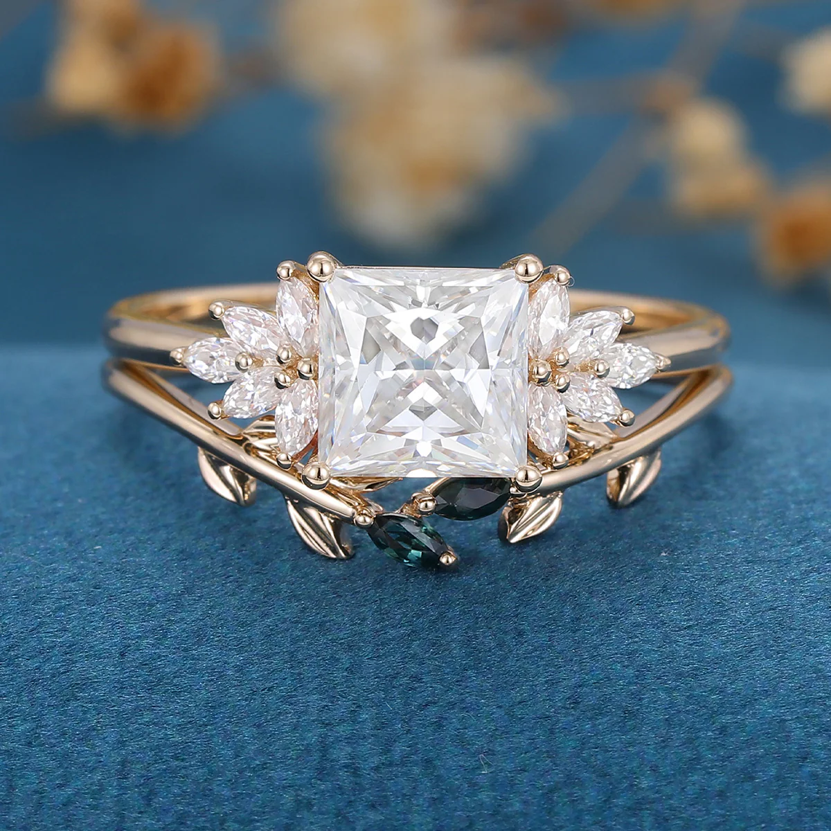 2 Carat Princess cut Moissanite cluster Engagement Ring Bridal Set - Image 7