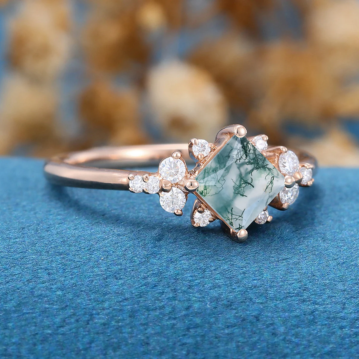 Princess Square Cut Natural Green Moss Agate Cluster Engagement Ring - Image 4