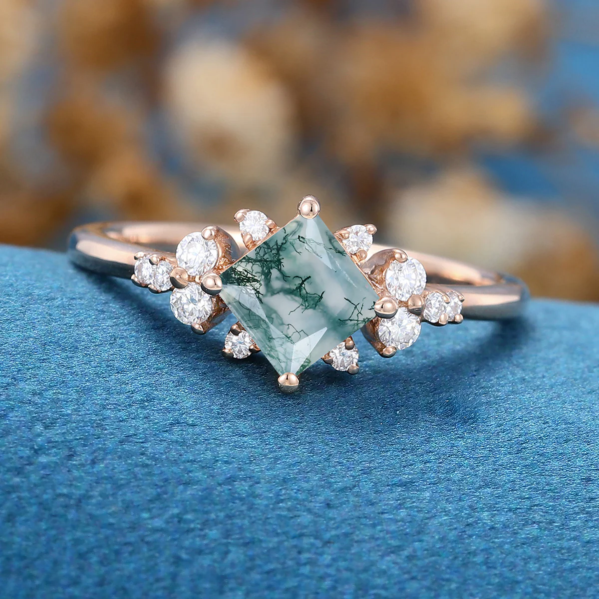 Princess Square Cut Natural Green Moss Agate Cluster Engagement Ring - Image 5