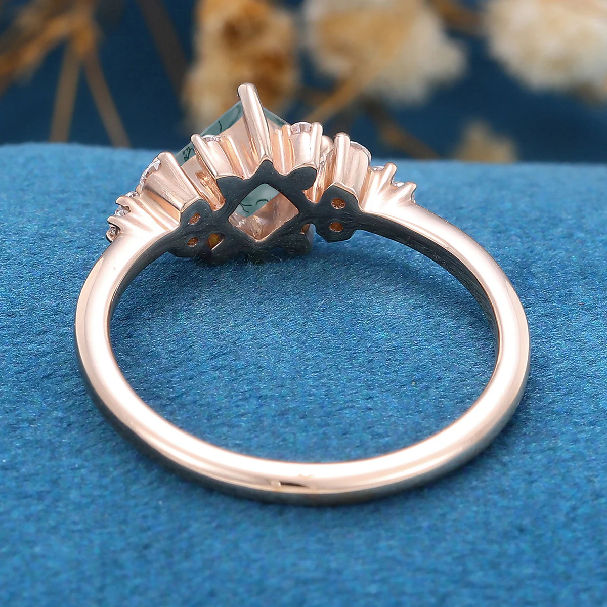 Princess Square Cut Natural Green Moss Agate Cluster Engagement Ring - Image 6