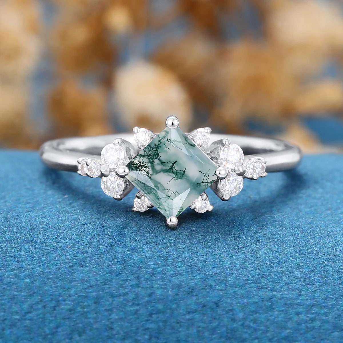 Princess Square Cut Natural Green Moss Agate Cluster Engagement Ring - Image 7