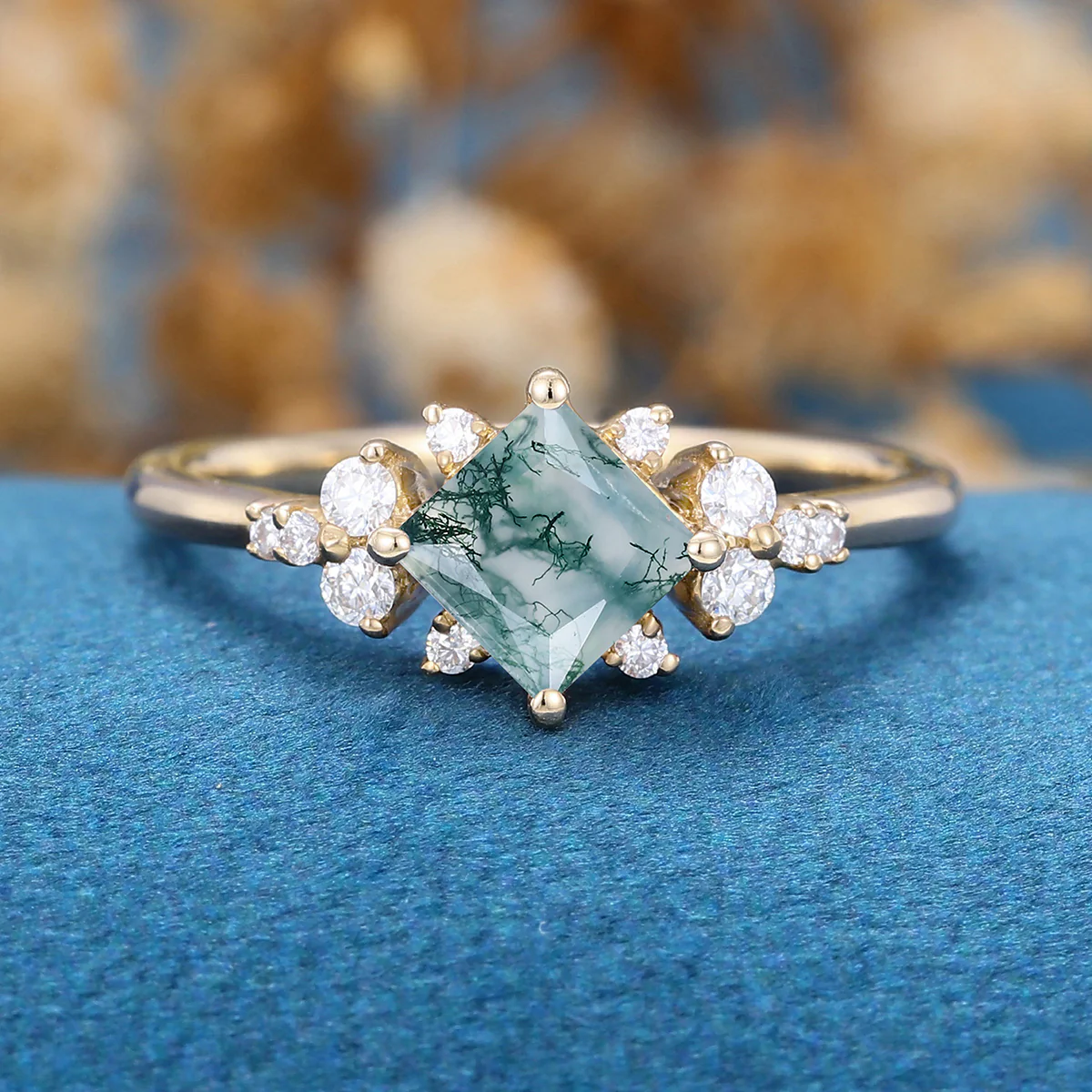 Princess Square Cut Natural Green Moss Agate Cluster Engagement Ring - Image 8