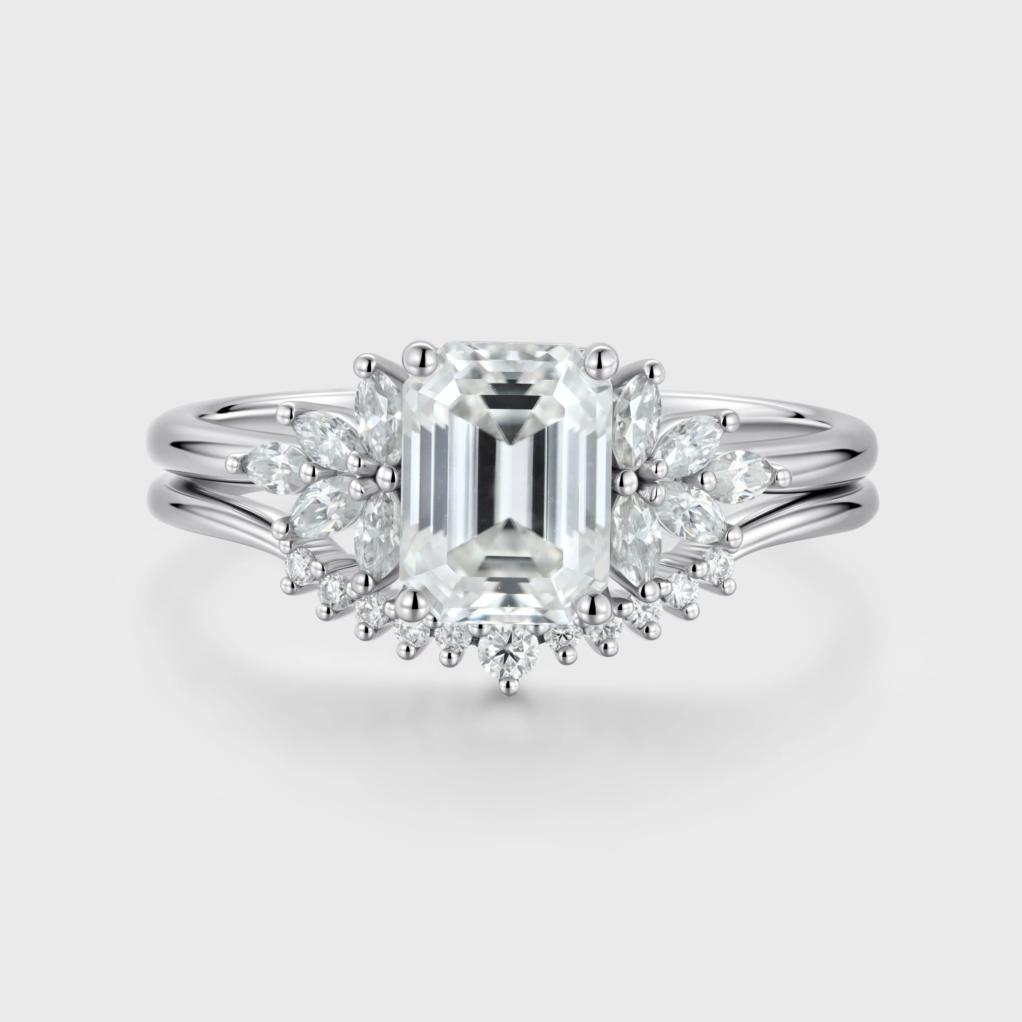 Radiant cut Moissanite Cluster Engagement ring Bridal Set - Image 3