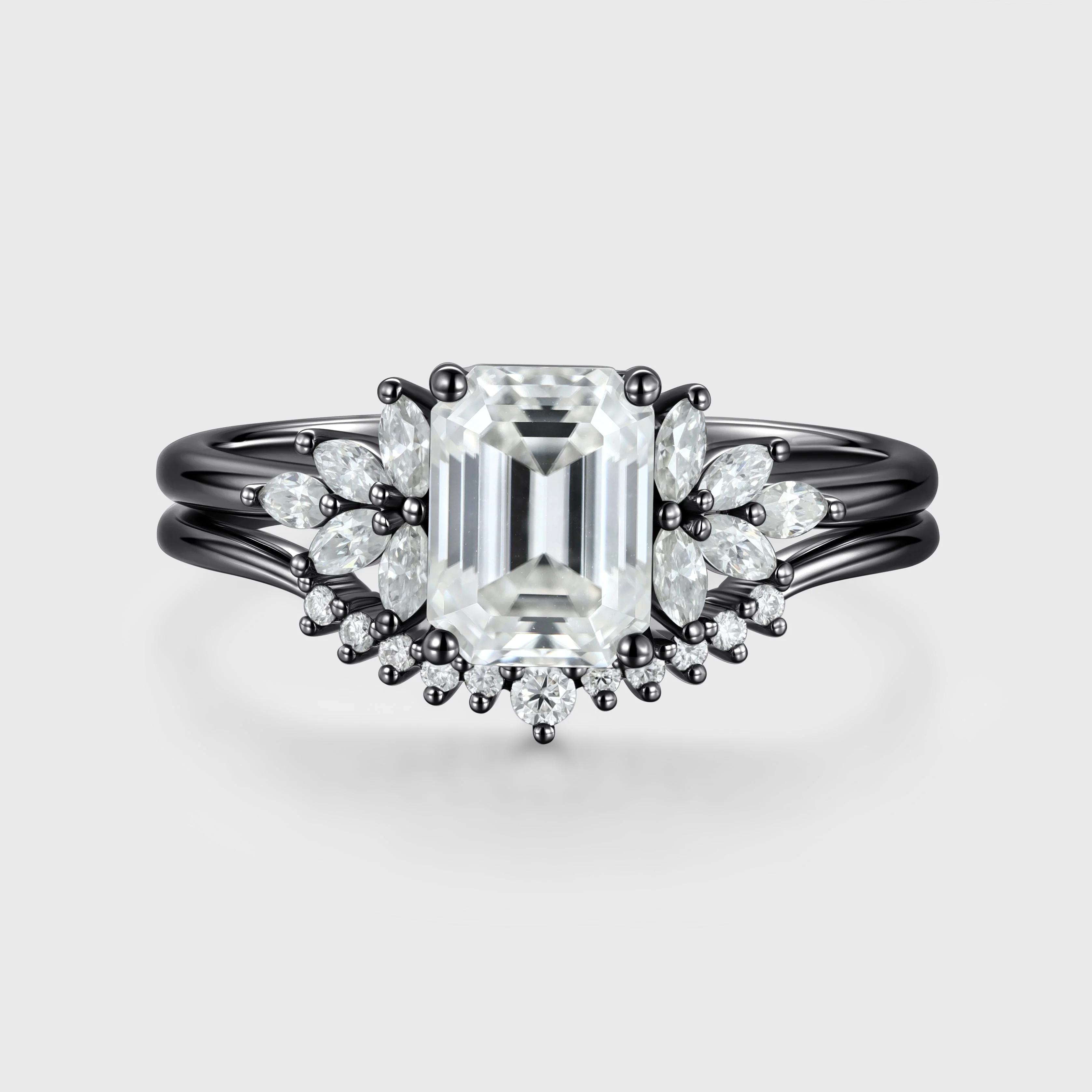 Radiant cut Moissanite Cluster Engagement ring Bridal Set - Image 4