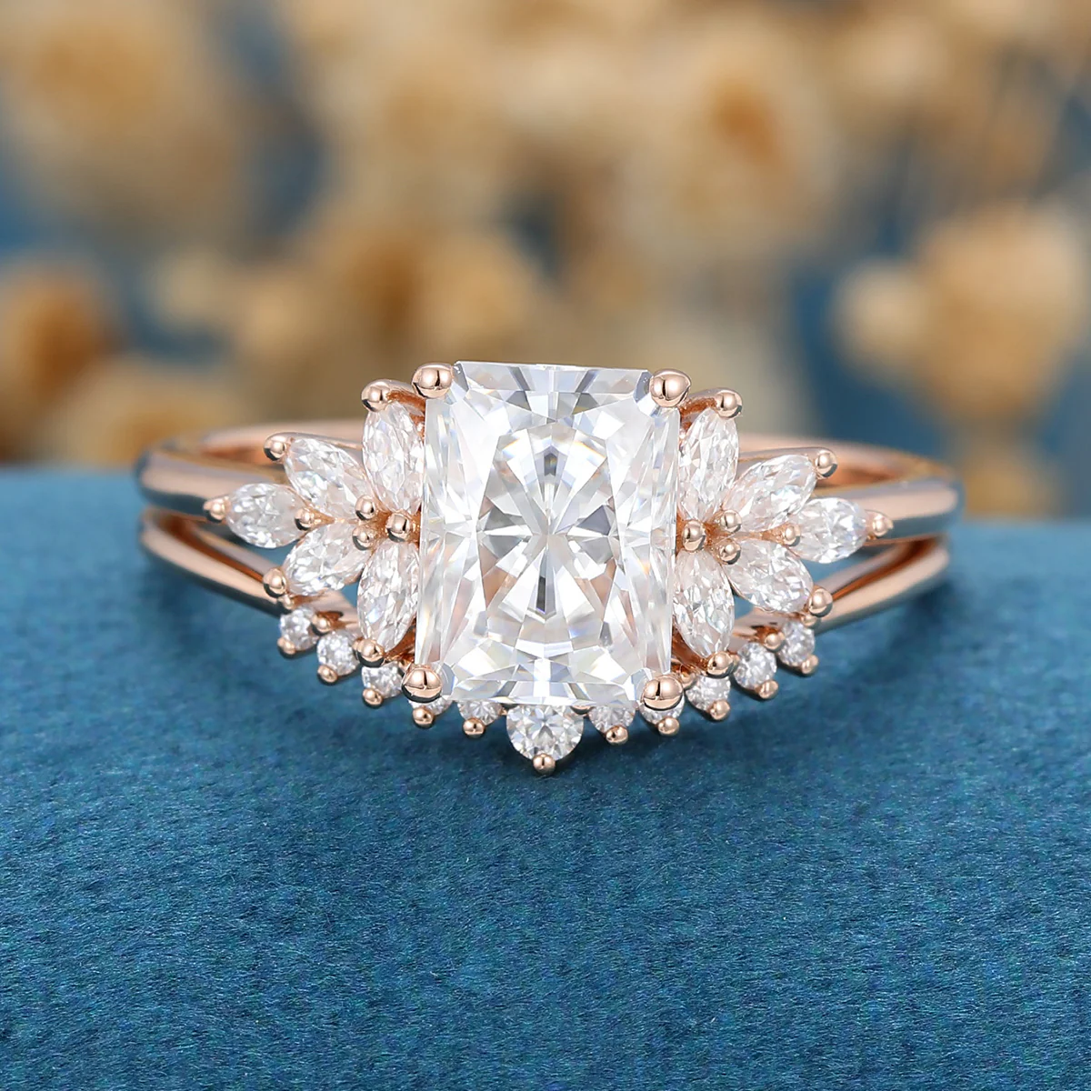 Radiant cut Moissanite Cluster Engagement ring Bridal Set - Image 5