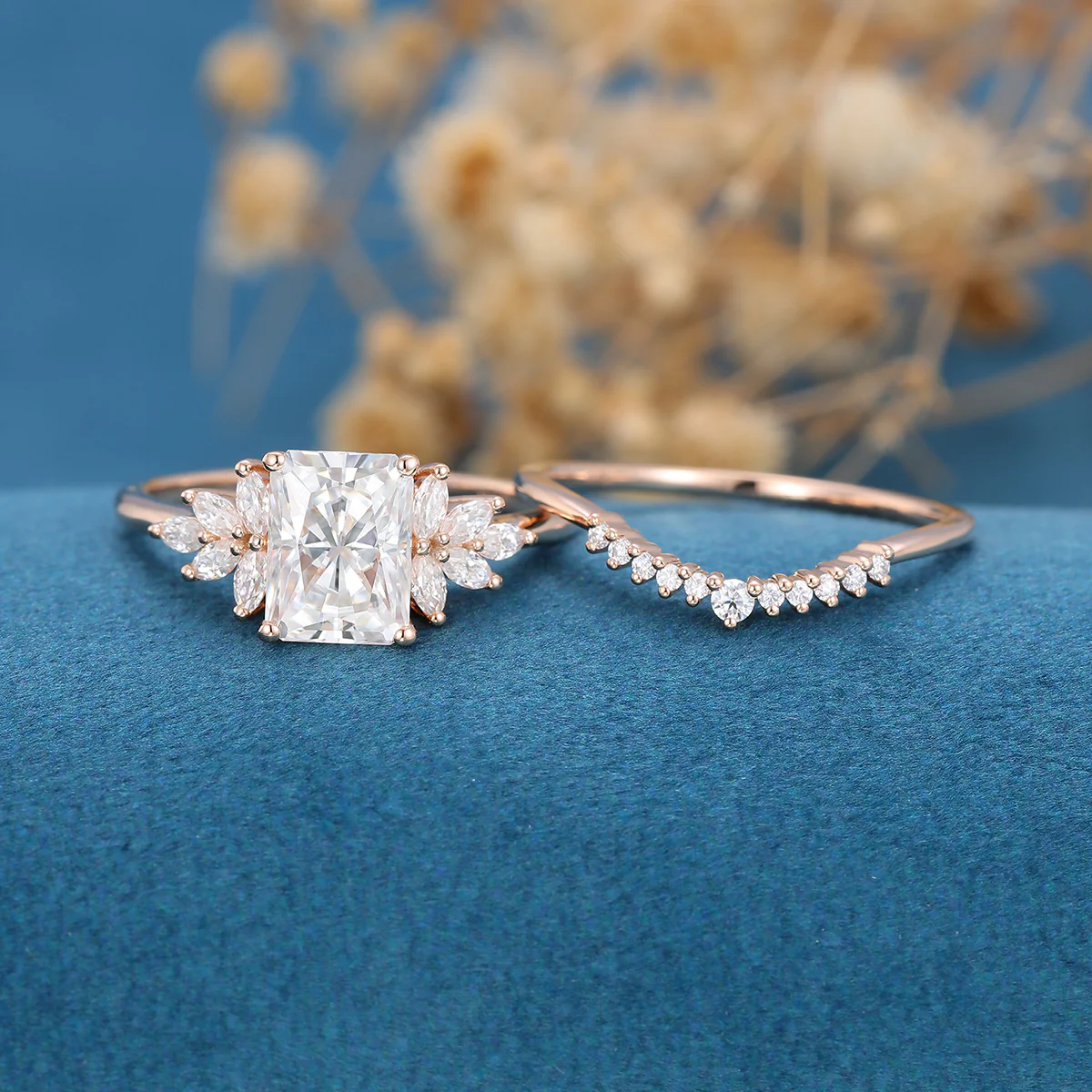 Radiant cut Moissanite Cluster Engagement ring Bridal Set - Image 6