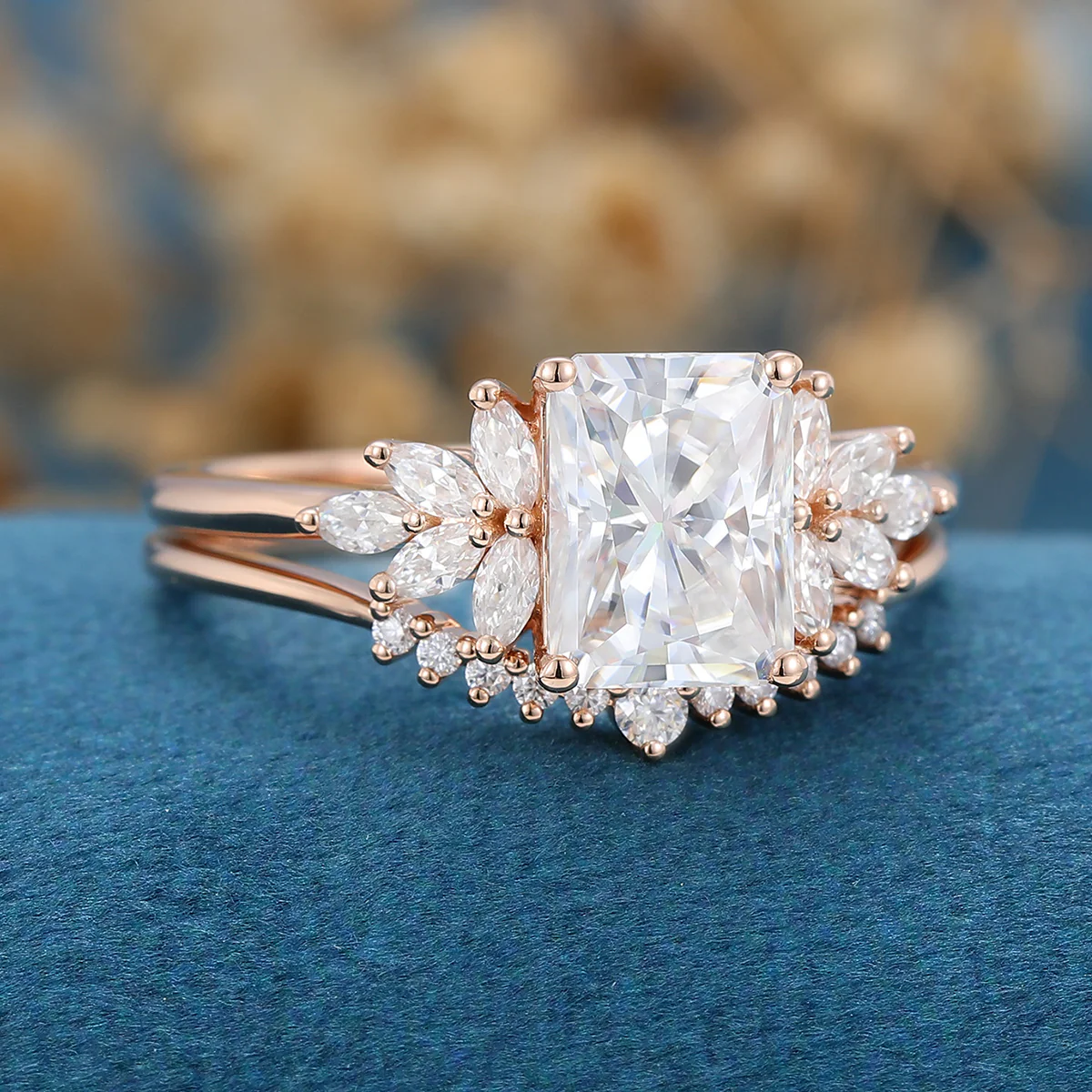 Radiant cut Moissanite Cluster Engagement ring Bridal Set - Image 7