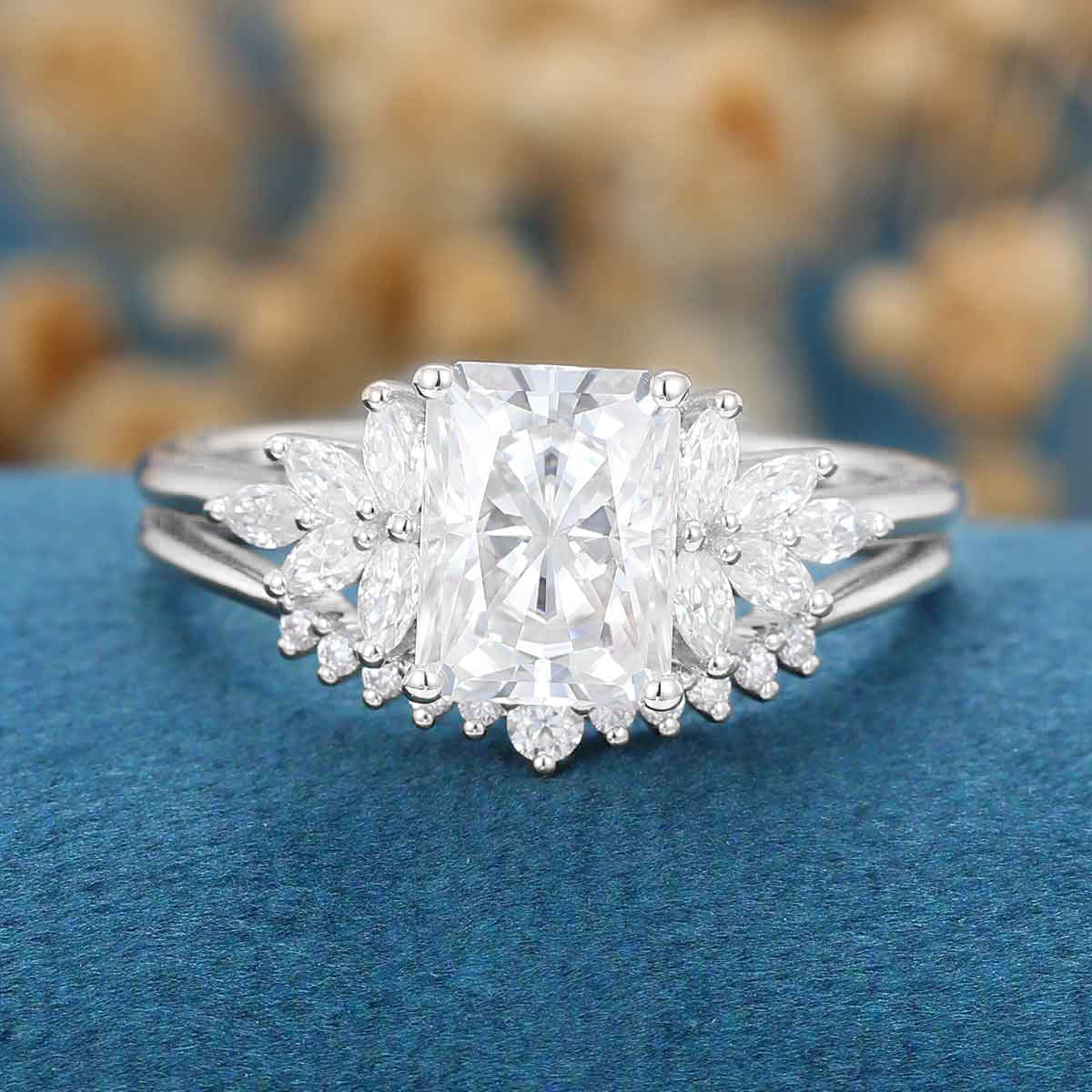 Radiant cut Moissanite Cluster Engagement ring Bridal Set - Image 8