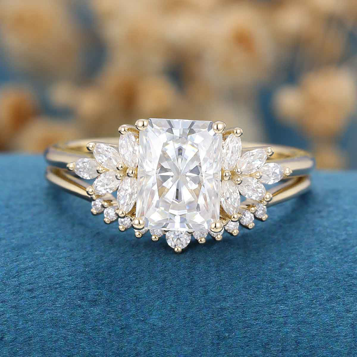 Radiant cut Moissanite Cluster Engagement ring Bridal Set - Image 9