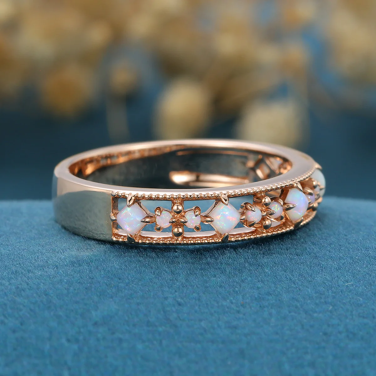 Retro Round Opal Half Eternity Wedding Band - Image 3