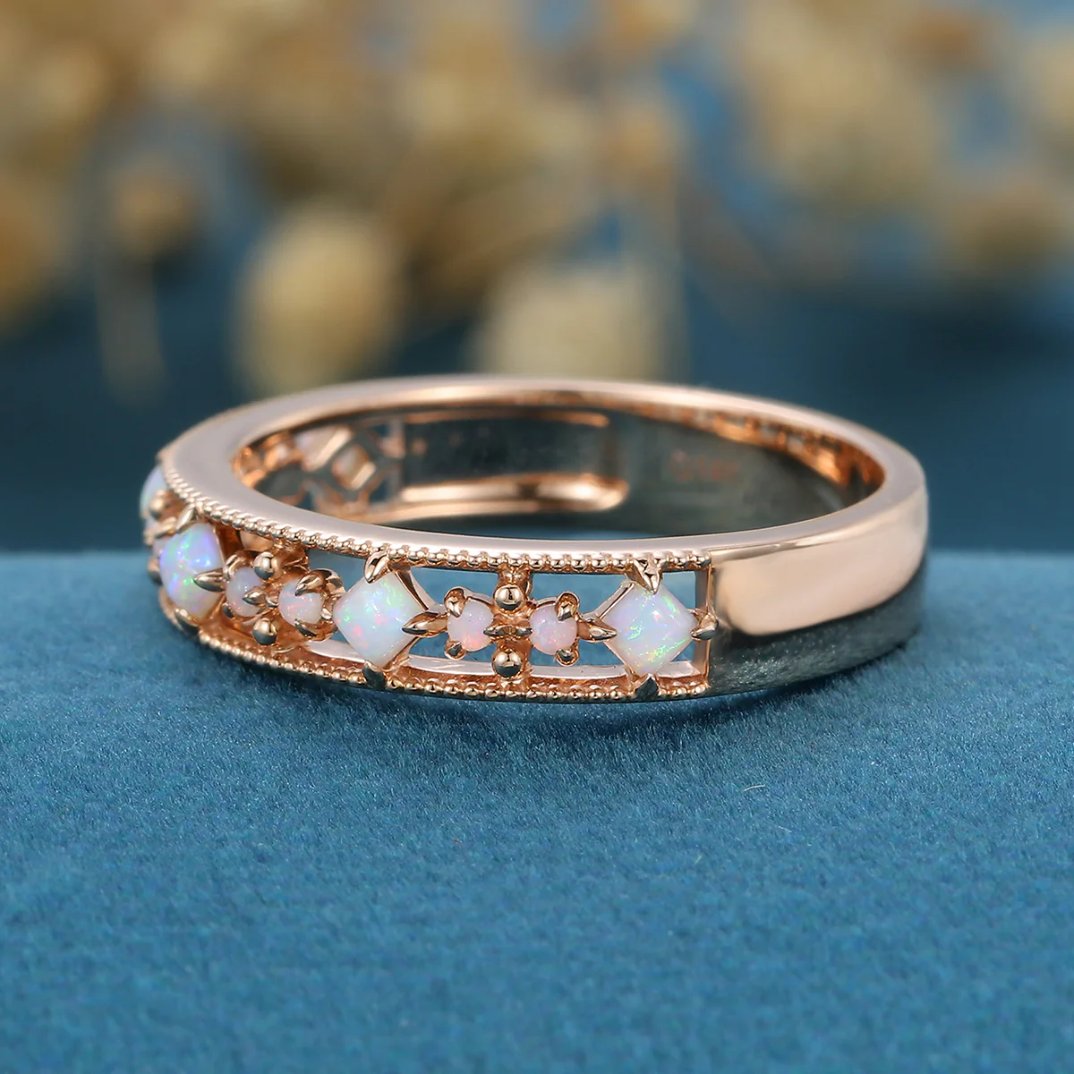 Retro Round Opal Half Eternity Wedding Band - Image 4